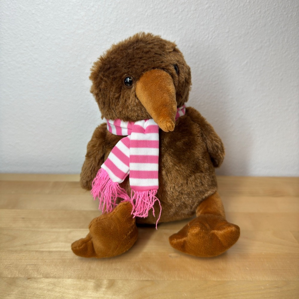 Kiwi Friends New Zealand Brown Bird Plush Pink Striped Scarf Souvenir 9" CHIRPS!